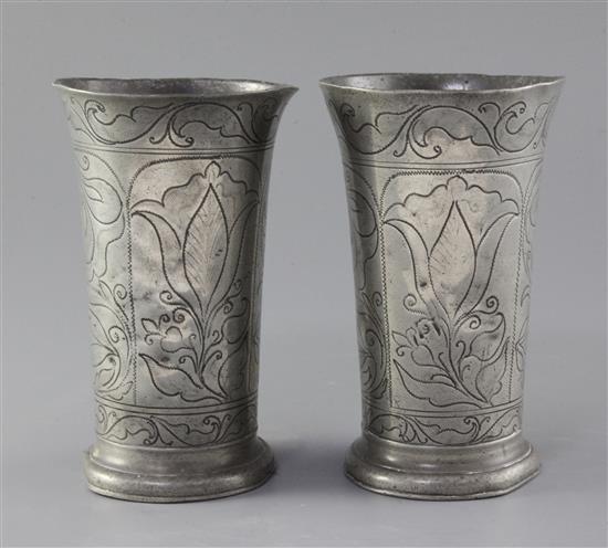 A pair of 17th century style pewter flared vases, 6.75in.